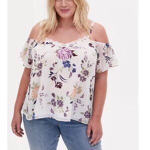 New Torrid Cold Shoulder lace trim botanical floral print blouse 5X plus